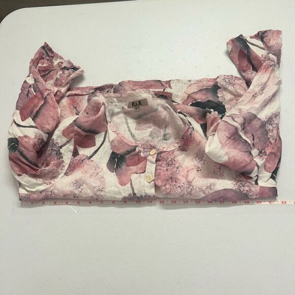 FLAX Linen Button Front Blouse Small Pink Purple Floral Hydrangea Top Lagom - Picture 9 of 11